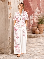  Mujer Camisa Conjuntos de lino y algodón Conjuntos de pantalones Manga Corta Escote en Pico Floral Graphic Geométrico Estampado Vacaciones Moda Ropa de calle Casual Diario Exterior Blanco Rosa
