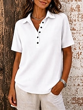  Femmes Tunique Boutons Couleur Unie ancien Élégant Classique Manche Courte Col de chemise Hauts Longs Occasionnel Quotidien Bleu Noir Blanche Rose Claire Rouge Été Printemps