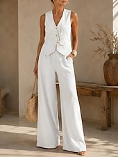 preiswerte Blusenanzüge für Damen-Damen Hosen-Sets Ärmellos V Ausschnitt Einfarbig Gerafft Elegant Lässig Täglich Schwarz Weiß Orange Frühling &amp; Sommer