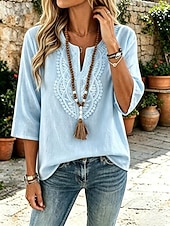 preiswerte Spitzenoberteile-Damen Hemd Boho-Hemd Spitzenbluse Elegant Bohemien Urlaub Dreiviertelarm Lange Oberteile Lässig Täglich Ferien Blau Weiß Khaki Rosa Rote Sommer Frühling