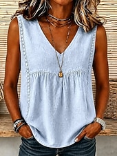 abordables Chemises-Femmes Chemise Chemises en coton et lin Couleur Unie Uni Bohème ancien Mode Sans manches Col en V Hauts Longs Occasionnel Bleu Blanche Jaune Été Printemps