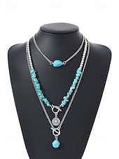 abordables Collar de mujer-Conjunto de collar de turquesa en capas para mujer, joyería boho de piedra natural con cadena de aleación de plata, regalo de moda de verano para mujeres maduras, playa, resort, fiesta en el jardín,