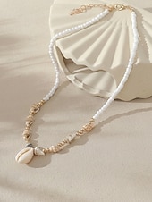voordelige Dames ketting-Damesketting met meerdere lagen van natuurlijke schelpen, dubbele streng strandsieraden, handgemaakte ketting met schelpen en kralen, kustachtige boho-vakantieaccessoires voor zomerreizen en cruises.