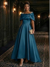 abordables A-Line Evening Dresses-A-Line Asymmetrical Evening Gown Elegant Glittering Mother Of The Bride Short Sleeve Square Neck Wedding Formal Satin Cowl Back with Pleats Crystals Beading