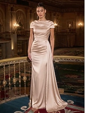 economico Abiti da sera a tubino-Sheath Column Floor Length Evening Gown Elegant Empire Waist Evening Half Sleeve Scalloped Neckline Wedding Formal Pocket Satin with Pleats Solid Color