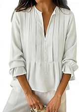  Mulheres Camisa Social Blusa Franzido Côr Sólida Tecido Elegante Moda Diário Manga Longa Sino Decote V Tops longos Casual Diário Vermelho Azul Céu Caqui Verão Primavera