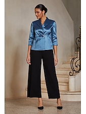 preiswerte Polished Edit-Damen Oberteile Blusen Revers Dreiviertelarm Elegant Alltagstauglich Mutter der Braut Hochzeitsgast mit Chamäleon-Stoff Strass Glitzer Verzierte Taillendetails Tintenblau