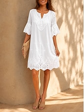 abordables White Lace Dresses-Women's Knee Length Dress Lace Dress White Dress Summer Dress Elegant Fashion Beach Vacation Holiday Regular Fit Plain Half Sleeve V Neck White Summer Spring