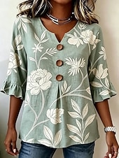 cheap Floral Blouses-Women's Blouse Buttons Print Floral Graphic Vintage Stylish 3/4 Length Sleeve Crew Neck Regular Tops Casual Daily Going out Blue Green Summer Spring