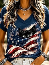  American Independence Day Women's T Shirt Print Graphic Flag Cat Vintage Stylish Classic Short Sleeve V Neck Regular Tops Casual Daily Blue White Red Summer Spring