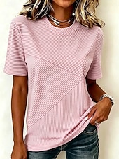 baratos Camiseta listrada e geométrica-Mulheres Camiseta Imprimir Listrado Gráfico Listrado à moda Clássico Casual Manga Curta Gola Redonda Tops regulares Casual Diário Azul Rosa Roxo Verão Primavera