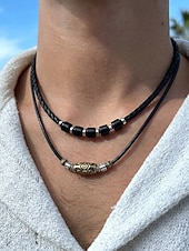 preiswerte Heren sieraden-Men's Bohemian Necklace and Bracelet Set, Black Leather Beaded Jewelry, Antique Metal Accents, Summer Casual Accessory for Men, Perfect for Vacation, Festival, Daily Wear, Multiple Uses