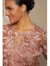 cheap Polished Edit-Women's A-Line 2-Piece Dress Sets Cocktail Dress Wedding Guest Dress Tea Length Crew Neck Sleeveless 3/4 Length Sleeve Illusion Sleeve Elegant Mother Of The Bride with Satin Lace Floral Combo Splicing