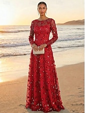 cheap Floor Length-A-Line Dress Floor Length Party Dress Cocktail Dress Mother of the Bride Dress Long Sleeve Crew Neck Elegant Vintage Luxurious Formal Wedding Guest Engagement Party Lace Tulle with 3D Flowers Pleats
