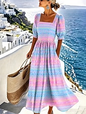 abordables Art &amp; Design Robes-Femmes Robe Midi Robe trapèze Vacances Occasionnel Plage Fête Coupe régulière Graphique Géométrique Manche Courte Col carré Bleu Vert Claire Vert Été Printemps