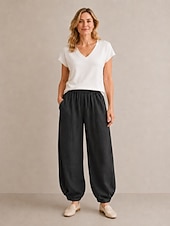 abordables Collection de Lin en Premium-Pantalon bloomer en lin pour femme, taille mi-haute, longueur cheville, poche, ceinture élastique, idéal pour les vacances