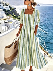 abordables Art &amp; Design Robes-Femmes Robe Midi Robe trapèze Vacances Occasionnel Plage Fête Coupe régulière Graphique Géométrique Manche Courte Col carré Bleu Vert Claire Vert Été Printemps
