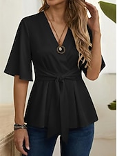 economico Bluse Semplici-Per donna Camicia Nodo frontale Volant Semplice Elegante Quotidiano Mezza Manica Manica a Palloncino Scollo a V Top lunghi Casuale All'aperto Blu Nero Bianco Arancione Rosa Estate Primavera