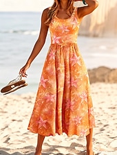  Dames Halflange jurk Zonnejurk A lijn jurk Vakantie Casual Strandstijl Strand Afspraakje Normale pasvorm Grafisch Geometrisch Mouwloos U-hals blauw Blozend Roze Oranje Zomer Lente