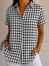 cheap Stripe&amp;Geometric Blouses-Women's Shirt Graphic Geometric Plaid Vintage Stylish Modern Short Sleeve Shirt Collar Regular Tops Casual Daily Blue Black Yellow Summer Spring