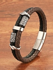 economico Gioielli da uomo-Bracciale da uomo vichingo intrecciato in similpelle e lega, bracciale con rune nordiche multicolore per abbigliamento casual, stile biker, moda outdoor, regalo per lui