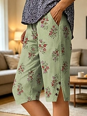  Dames Casual korte broek Vakantie Vintage Knielengte Medium Taille Bloemig Grafisch Afdrukken Comfort Inelastisch Dagelijks Buiten Vakantie Groen Blauw Zomer Lente Normale pasvorm