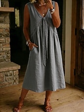 preiswerte Einfaches Kleid-Damen Midikleid Spitzenkleid Vintage Täglich Lässiger Schnitt Einfach Ärmellos V Ausschnitt Weiß Hellblau Schwarz Hellgrün Frühling
