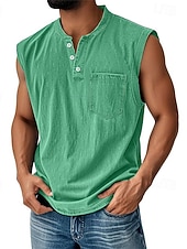  Canotta vintage da uomo, 100% cotone, lavaggio acido, canottiera, maglietta senza maniche, senza maniche, henley, estate, tinta unita, stilista, basic, tasche, bottoni, vacanza, strada, maglietta nera per uomo
