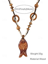 baratos Colar Feminino-Colar feminino boêmio com pingente de madeira, longo, com contas, estilo statement, com pingente de elefante, peixe e flores. Joia artesanal em madeira, ideal para férias, praia, festivais, viagens e