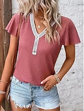  Mulheres Camiseta T-shirt Renda Patchwork Côr Sólida Elegante Moda Estilo bonito Manga Curta Mangas Evasê Decote V Tops regulares Casual Preto Rosa Vinho Azul Marinha Marron Verão Primavera