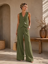 preiswerte Blusenanzüge für Damen-Damen Hosen-Sets Ärmellos V Ausschnitt Einfarbig Gerafft Elegant Lässig Täglich Schwarz Weiß Orange Frühling &amp; Sommer