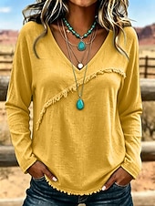  camicetta da donna a maniche lunghe con scollo a V e frange diagonali, orlo sfrangiato e texture stropicciata, stile western casual.