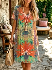 Χαμηλού Κόστους Boho φορέματα-Γυναικεία Φόρεμα μέχρι το γόνατο Κοντομάνικο φόρεμα Φόρεμα σε γραμμή Α Διακοπές Καθημερινό Μπόχο Παραλία Κανονικό Φλοράλ Γραφική Κοντομάνικο Λαιμόκοψη V Θαλασσί Ρουμπίνι Πορτοκαλί Καλοκαίρι Άνοιξη