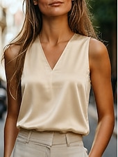 economico Bluse Semplici-Per donna Camicia camicetta di raso Semplice Elegante Lavoro Casual Senza Maniche Scollo a V Top Regolari Quotidiano All'aperto Champagne Estate