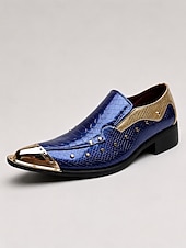 tanie Loafery-Męskie niebieskie, wyraziste buty wizytowe – eleganckie obuwie ze szpiczastym noskiem i wytłoczonym wzorem imitującym skórę krokodyla – modne buty dla dżentelmenów na imprezy, bankiety, wesela i wieczorne wydarzenia