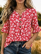 economico Bluse Floreali-Per donna Camicia Bottoni Stampato Floreale Grafico Vintage Elegante Manica 3/4 Scollo a V Top Regolari Casuale Quotidiano Ferie Rosa Rosso Verde Estate Primavera
