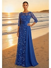 preiswerte A-Linie Abendkleider-A-Linie Bodenlang Ballkleid mit Cape Abendkleid Elegant Glitzernd Glitzern Langarm Rundhalsausschnitt Abschlussball Hochzeit Satin Tüll mit Glitzer Paillette Perlenbestickt