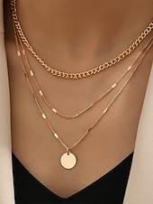 voordelige Dames ketting-Damesketting met ronde schijfhanger in goud-zilveren lagen, minimalistische meerlaagse ketting van legering, elegante ketting voor elke dag, geschikt voor vakantie, werk, feestjes en als cadeau.