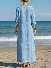  Per donna Abito maxi Abiti di lino Vintage Quotidiano Vestibilità comoda Colore Puro Manica Lunga Scollo a V Rosso Estate