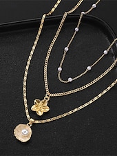 cheap Women's Necklace-Women's 3PCS Layered Necklace Set, Gold Alloy &amp; Faux Pearl Triple Strand Necklace with Flower and Shell Pendant, Elegant Summer Vacation Jewelry Gift