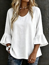  Damen Hemd Bluse Einfarbig Elegant Lässig Dreiviertelarm Glockenärmel Rundhalsausschnitt Normale Oberteile Lässig Weiß Gelb Himmelblau Violett Dunkelgray Sommer Frühling