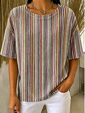 abordables T-shirt rayé et géométrique-Femmes Tee-shirt Gaufre Tops tricotés texturés Graphique Géométrique Rayé Élégant Classique Manche Courte Col ras du cou Hauts Réguliers Occasionnel Quotidien Bleu Jaune Marron clair Orange Ét