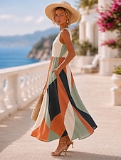 preiswerte Sommerkleider-Damen Maxikleid Sommerkleid Urlaub Täglich Heim Outdoor Normale Passform Blumen Grafik Geometrisch Ärmellos V Ausschnitt Schwarz Gelb Rote Khaki Sommer Frühling