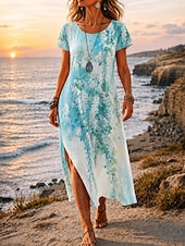  Damen Midikleid A Linie Kleid Lässig Strand Normale Passform Blumen Grafik Kurzarm Rundhalsausschnitt Blau Weiß Rosa Rote Sommer Frühling