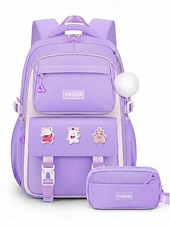 cheap Kids &amp; Teen Backpacks-Girls Backpack Set 2PCS Water-Resistant School Backpack with Pencil Bag, Large Capacity Multi-Pocket Polyester Bookbag, Reflective Safety Strips, Pink Purple Off-White, Ideal for Elementary Middle Sch