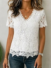  Women's Lace Tops Patchwork Eyelet Lace Trim Elegant Short Sleeve V Neck Casual Blue White Black Pink Red Summer Fall