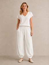 abordables Collection de Lin en Premium-Pantalon bloomer en lin pour femme, taille mi-haute, longueur cheville, poche, ceinture élastique, idéal pour les vacances