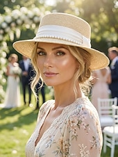 cheap Women's Hats-Women's Flat Top Straw Boater Hat, Pearl Trim Summer Sun Hat, Multiple Colors, Elegant Wide Brim Vacation Beach Hat for Travel, Resort, Garden Party &amp; Daily Wear