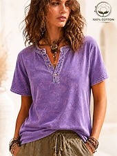  Per donna 100% cotone Maglia Henley Grafico Bandiera Semplice Vintage Moda Elegante Manica Corta Henley Top Regolari Casuale Spiaggia Blu Nero Viola Arancione Rosso rosa Estate Primavera