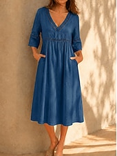 economico Vestito bianco-Per donna Abito Midi Abito in pizzo bianco Abito a trapezio Abito Estivo Casual Spiaggia Vacanza Vestibilità regolare Semplice Mezza Manica Scollo a V Blu Bianco Blu Reale Estate Primavera